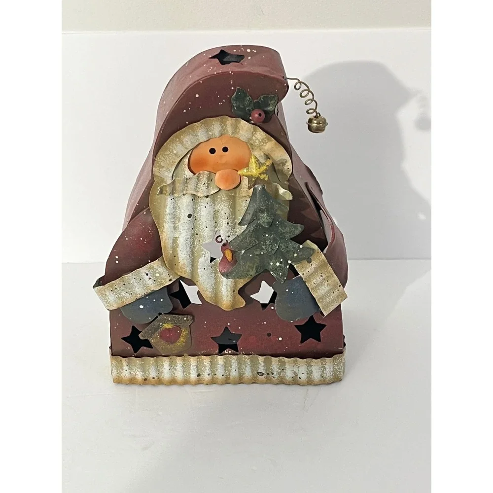 Vintage 2004 Santa Candle Holder Red Rustic Metal Folk Art Star Cutouts